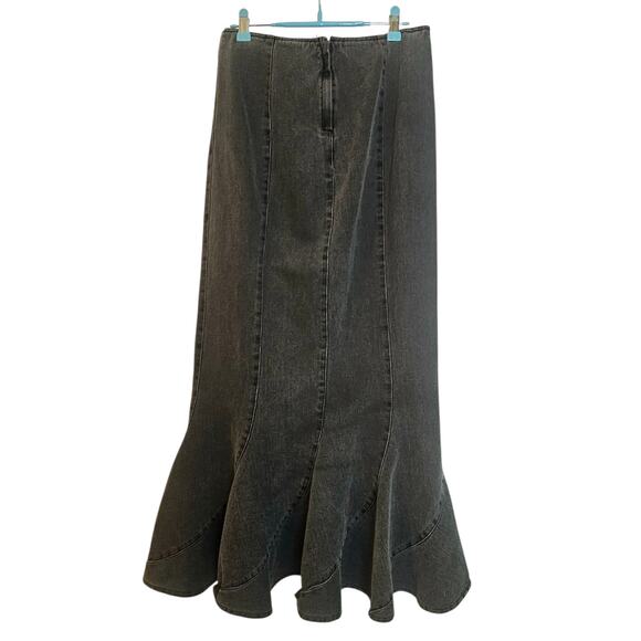 Vintage Y2K Black Faded Denim Jean Mermaid Flared Long Maxi Skirt - Picture 2 of 8